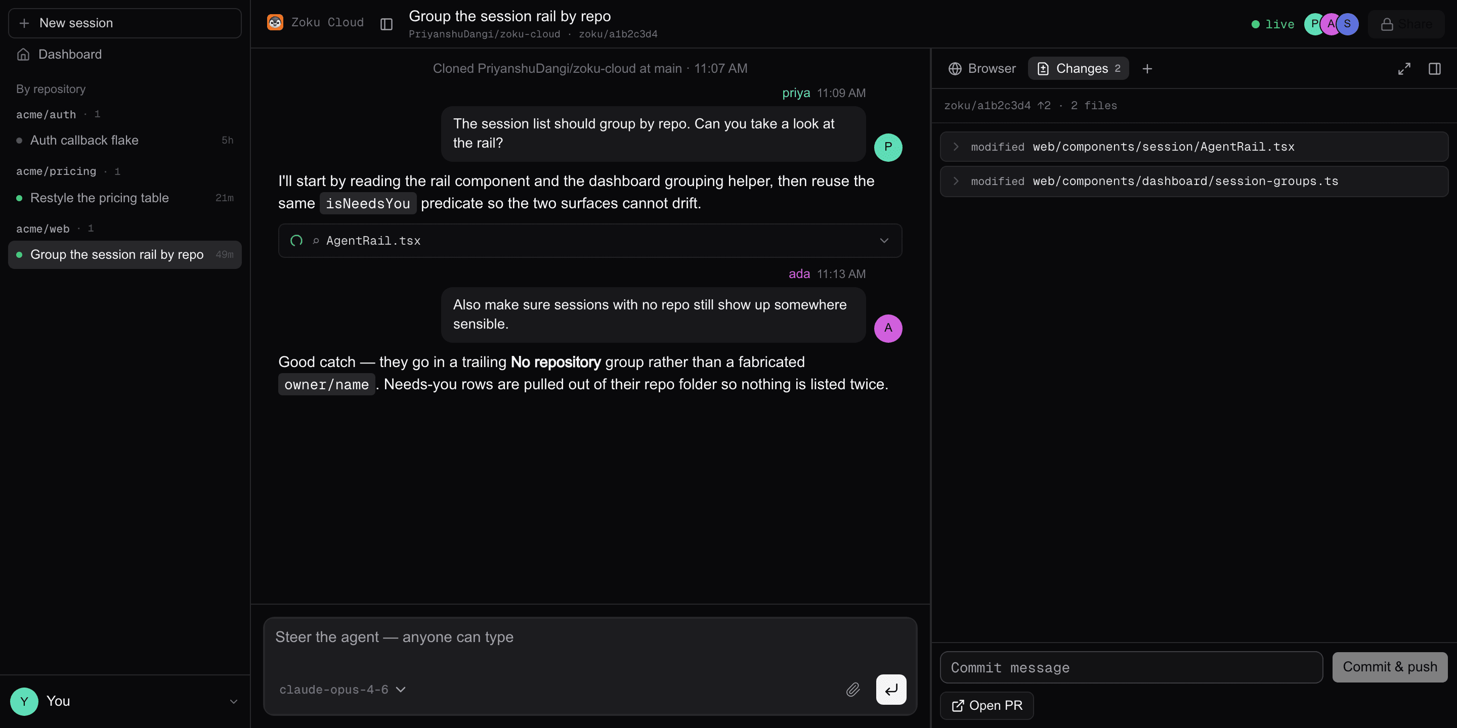 A Zoku Cloud session: the agent rail grouped by repository, a shared transcript, and the Changes tab ready to commit